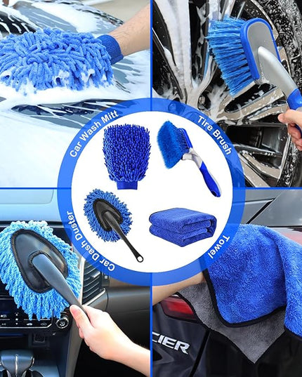 62'' Car Wash Brush Kit Mitt Mop Sponge with Long Handle, 1 Chenille Scratch-Free Replacement Head, Windshield Window Squeegee,Car Duster,Car Detailing Brushes,Tower,Car Cleaning Kit for Cars RV Truck