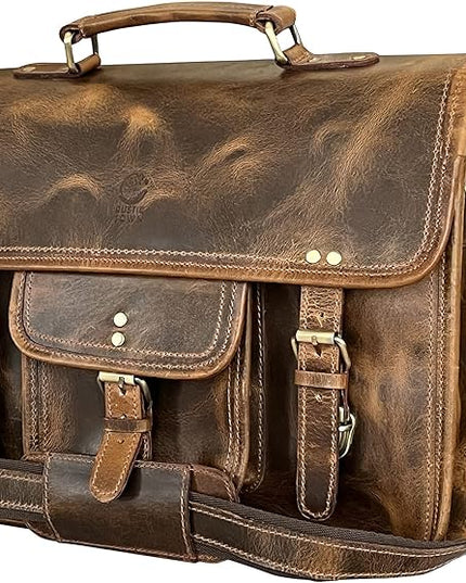 RUSTIC TOWN Leather Messenger Bag for Men - Full Grain Leather Briefcase Laptop Satchel Office Crossbody Travel Bag