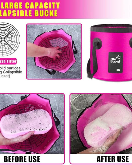 21Pcs Car Wash Kit,62" Car Wash Brush Mop with Long Handle,Car Cleaning Kit,Car Detailing Brush Set,Car Wash Bucket with Filter,Windshield Window Squeegee for Cars RV Truck Boat (Pink)