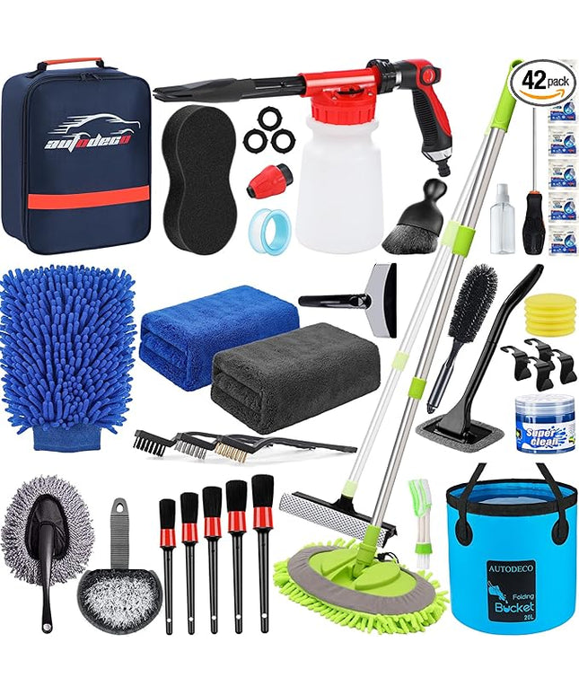 AUTODECO 42Pcs Car Wash Detailing Kit Cleaning Set with Foam Gun Sprayer, Long-Handle Brush, Collapsible Bucket, Large Wash Mitt, Towels, Complete Interior & Exterior Car Washing Supply Set (Blue)