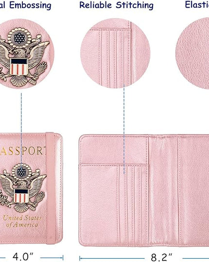 TOURSUIT RFID Passport and Vaccine Card Holder Combo, Travel Document Case Cover, Leather Wallet Organizer Women with Vax Vaccination Protector Slot (Rose Gold)