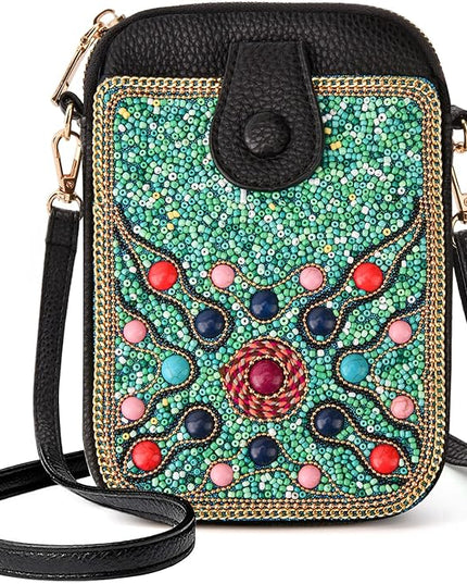 Women's Small Crossbody Cell Phone Bag, Boho Colorful Beaded Purse Wallet with Handmade Cute Patterns