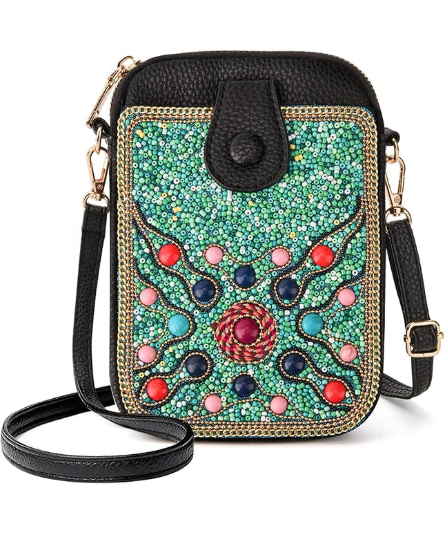 Women's Small Crossbody Cell Phone Bag, Boho Colorful Beaded Purse Wallet with Handmade Cute Patterns