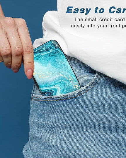 Atufsuat Credit Card Holder, Mini Aluminum Card Wallet RFID Blocking Slim Metal Hard Card Case for Women Men, Blue Ocean Marble