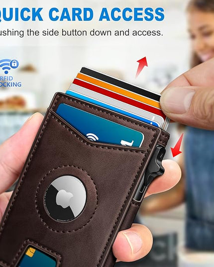 miyozi Airtag Wallet for Men Money Clip 9-Card Pop-Up Credit Card Holder with ID Window RFID Blocking Metal Case Magnetic Closure Front Pocket Wallet Gift Box