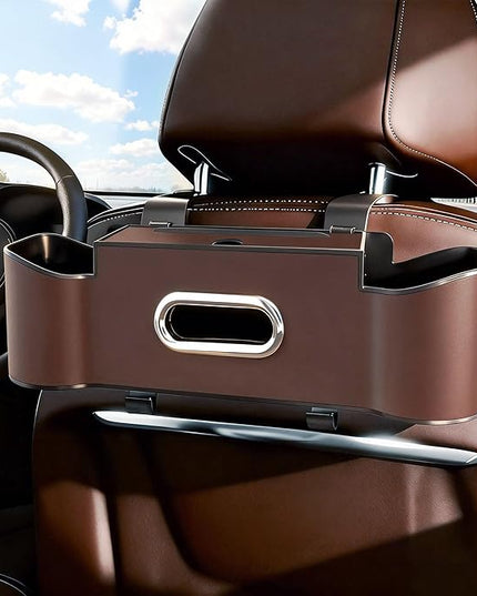 Car Backseat Organizer for Kids & Travelers - 4 in 1 Multifunctional Car Seat Back Storage with Cup Holder, Tissue Box, Snack/Handbag Holder - Nappa Leather Universal Fit for SUV/Van/Sedan (Brown)