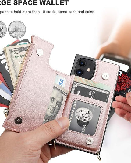 Bocasal Crossbody Wallet Case for iPhone 12 Mini with Card Holder,Zipper Card Slot Protector Shockproof Purse Cover with Removable Cross Body Strap 5.4 Inch(Rose Gold)