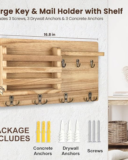 Nekon Mail Holder for Wall Mail Organizer with Key Hooks Hallway Farmhouse Decor Storage Racks with Floating Shelf and Flush Mount Hardware (16.8Inch x 10Inch x 3.2Inch) (Wood)