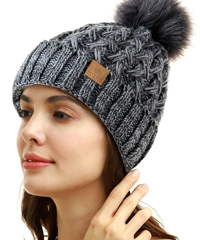 PAGE ONE Womens Winter Ribbed Beanie Crossed Cap Chunky Cable Knit Pompom Soft Warm Hat