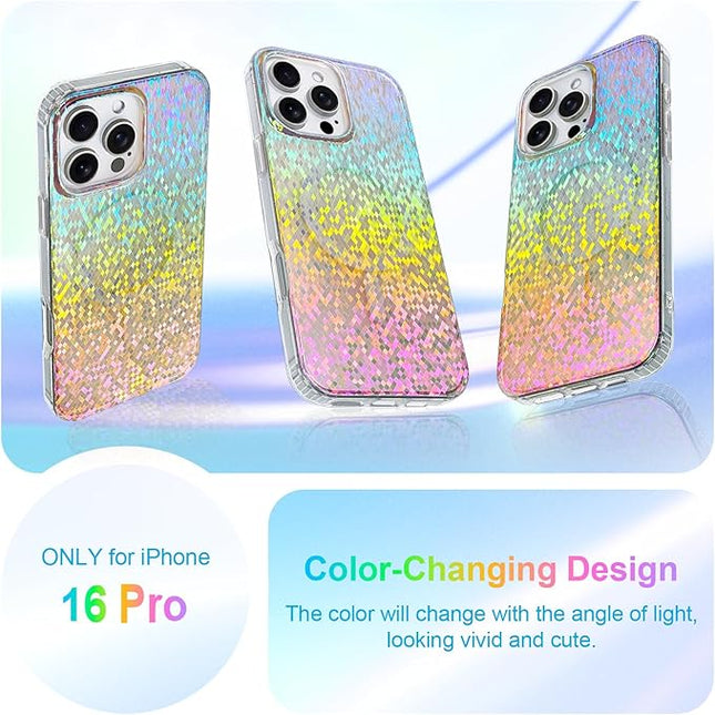 Glitter Case for iPhone 16 Pro Case for Women Girls [ Compatible with Magsafe ] Clear Cute Girly Aesthetic Colorful Iridescent Rainbow Sparkly Sparkle Bling Magnetic Protective Phone Cover