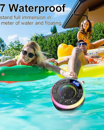 Shower Bluetooth Speaker IPX7 Waterproof, Portable Bluetooth Speakers with Suction Cup and Time Display, Crystal Sound&Bass LED Light 1100mAh, Wireless Shower Speaker for Outdoor/Kayak/ Gifts/Beach