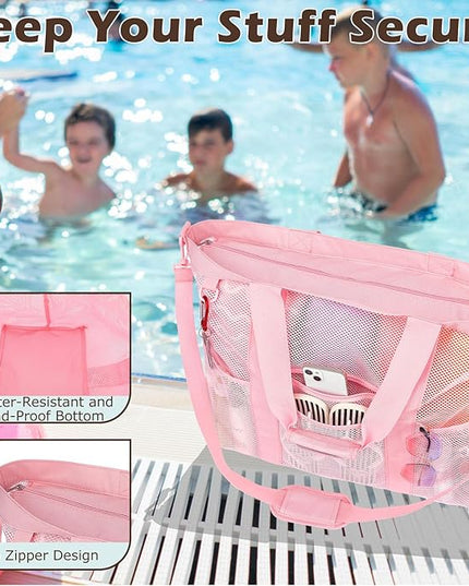 Mesh Beach Bag, Large Beach Tote with Zipper Pocket, Toys Pool Bag for Family Travel Vacation Cruise Essentials