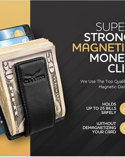 Money Clip Leather Wallet For Men Slim Front Pocket RFID Blocking with Super Strong Magnetic