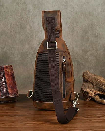 Genuine Leather Hiking Travel DayPack Sling Crossbody Triangle Chest Pack Bag For Men Women 8241