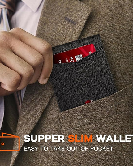 RUNBOX Wallet for Men Slim Leather Bifold RFID Blocking Minimalist Front Pocket Design with Gift Box