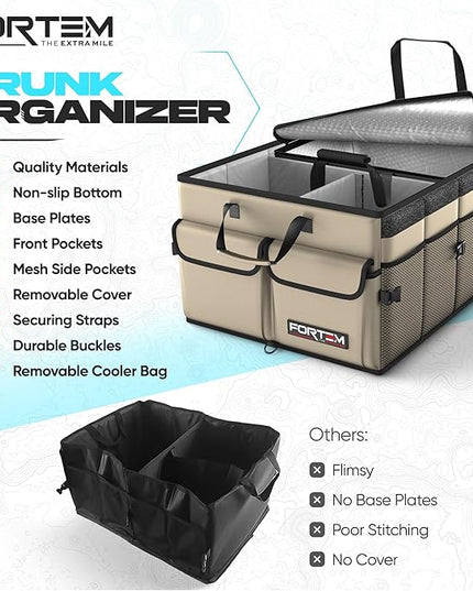 FORTEM Trunk Organizer with Cooler For SUV Car Trunk, Foldable Storage, Car Accessories for Women Men, Collapsible Bag, Perfect Christmas Gifts, 600D Oxford, Non Slip Bottom, Straps, Soft Cover (105L)