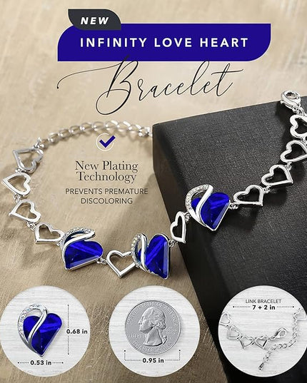Leafael Infinity Love Heart Link Bracelets, Birthstone or Healing Stone Crystal Bracelet for Women, Silver Tone Jewelry Gifts for Her, 7-inch Chain and 2-inch Extender
