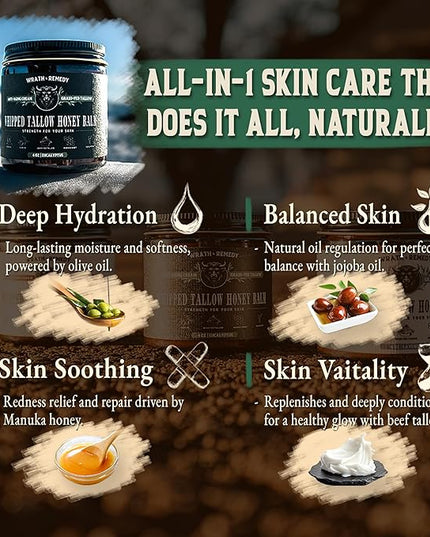 Organic Beef Tallow for Skin - 4 OZ (Eucalyptus) — Grass Fed Beef Tallow for face + Body — US-Made Whipped Tallow and Honey Balm Moisturizer for Dry and Sensitive Skin, Eczema, Rosacea (No Additives)