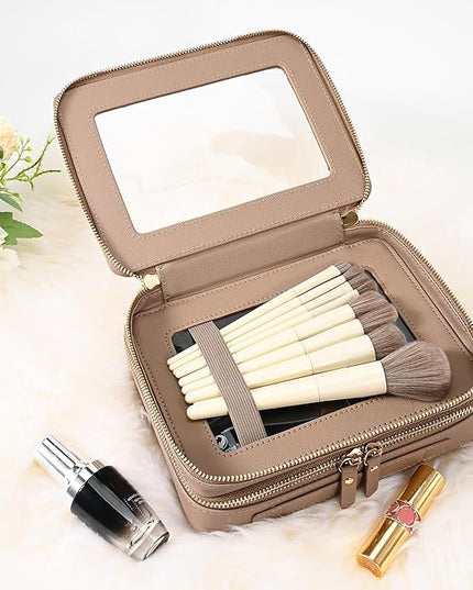 Aveniee Large Clear Makeup Bags, Double Layer Cosmetic Bags with Separate Brush Compartment,Travel Toiletry Bag Train Case,Travel Accessories Organizer for Women,2 Layers,Brown