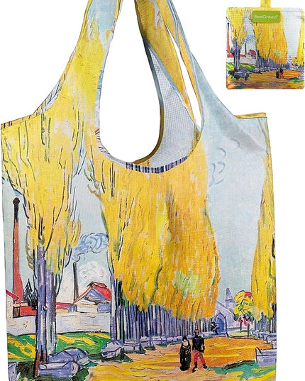 BeeGreen Oil Painting Forest Tote Bag - Large Reusable Grocery Bag, Polyester Grocery Bags Gifts for Women,Foldable, Washable, Packable with Handles & Pouch for Shopping, Beach, Work, Summer