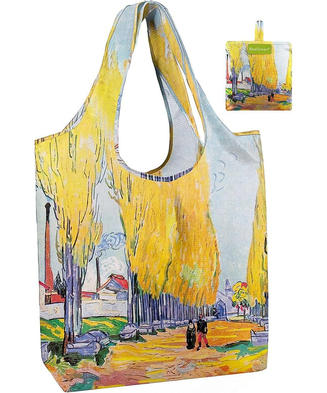 BeeGreen Oil Painting Forest Tote Bag - Large Reusable Grocery Bag, Polyester Grocery Bags Gifts for Women,Foldable, Washable, Packable with Handles & Pouch for Shopping, Beach, Work, Summer
