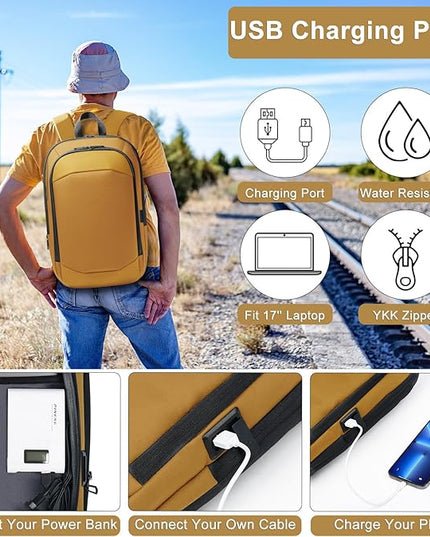 hk Business Backpack for Men 17 Inch,Slim & Expandable Waterproof Travel Laptop Backpack with USB Charger Port (Yellow)