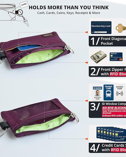 RFID Travel Wallet with Adjustable Lanyard-Zipper Small Wallet with ID Card Holder, Keychain for women&men-Minimalist Slim Waterproof Nylon case for ID, Cash, Key (Plum Wine)
