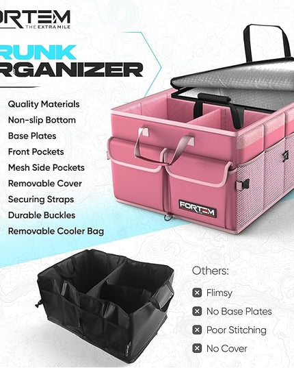 FORTEM Trunk Organizer with Cooler For SUV Car Trunk, Foldable Storage, Car Accessories for Women Men, Collapsible Bag, Perfect Christmas Gifts, 600D Oxford, Non Slip Bottom, Straps, Soft Cover (105L)