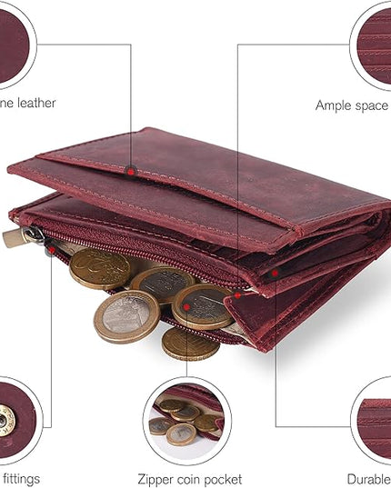 Oak Leathers Leather Wallet For Women - Small RFID Coin Purse Credit Card & ID Holder for Ladies, Gift for Women's, Bifold Wallets (Crazy Horse Red)