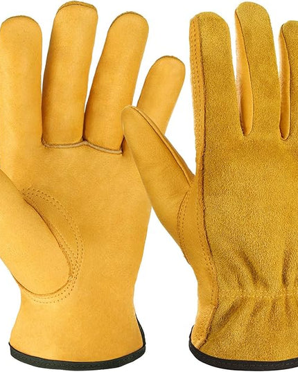 OZERO Leather Work Gloves Flex Grip Tough Cowhide Gardening Glove for Wood Cutting/Construction/Truck Driving/Garden/Yard Working for Men and Women 1 Pair (Gold,X-Large)