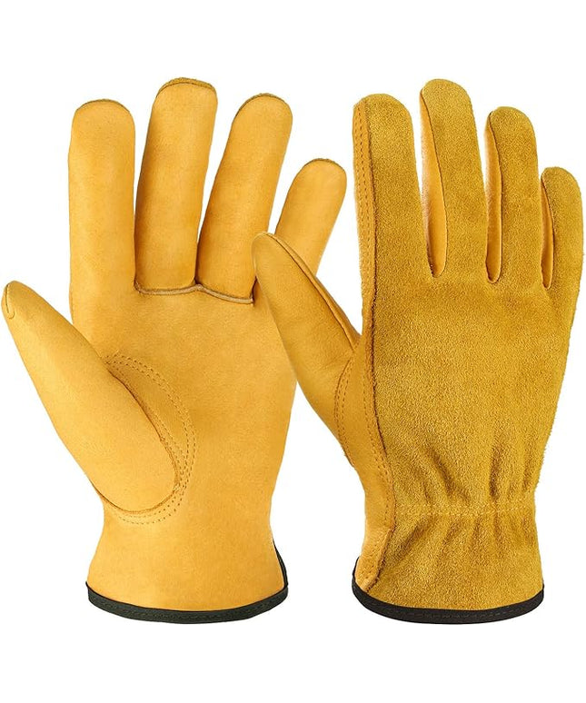 OZERO Leather Work Gloves Flex Grip Tough Cowhide Gardening Glove for Wood Cutting/Construction/Truck Driving/Garden/Yard Working for Men and Women 1 Pair (Gold,X-Large)