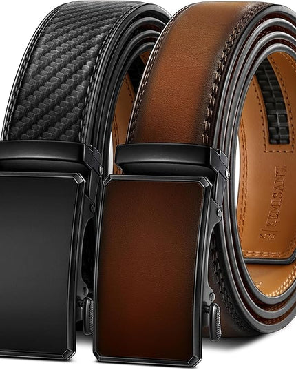 KEMISANT Men Belt 2 Pack, Leather Ratchet Belt Easy Click Slide For Men 1 3/8",Cut for Fit