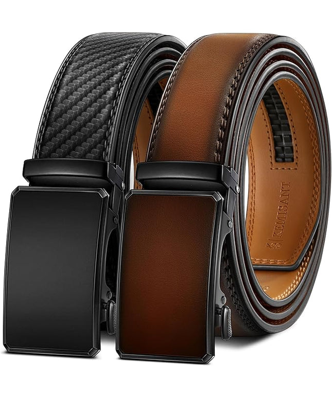 KEMISANT Men Belt 2 Pack, Leather Ratchet Belt Easy Click Slide For Men 1 3/8",Cut for Fit
