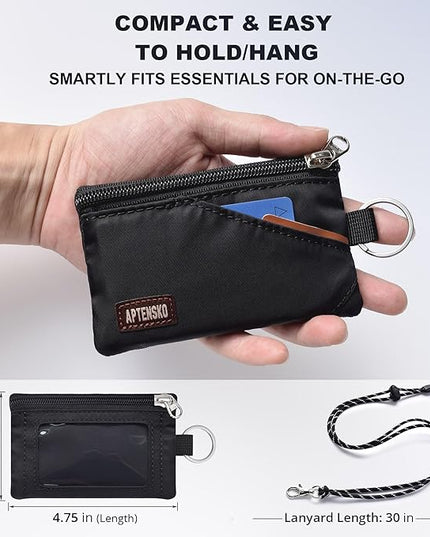 RFID Blocking Small Travel Wallet with Adjustable & Detachable Lanyard for Women&men- Minimalist Nylon Zipper Pouch with ID Card Holder, Keychain for Cash, Key, Coin (Black)
