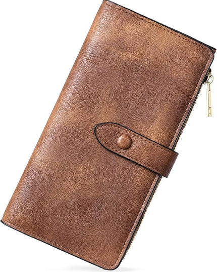 BOSTANTEN Womens Leather Wallets RFID Blocking Large Capacity Trifold Card Holder Ladies Phone Clutch Grey Brown