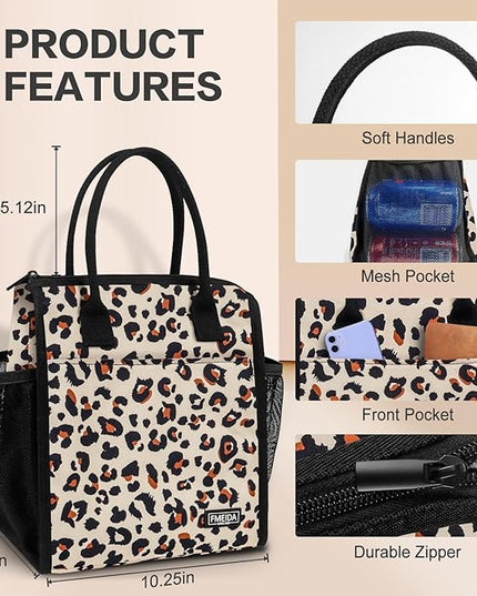 Fmeida Lunch bag, Insulated Lunch Bag for Women Adult Large Lunch Box Container, Reusable Leakproof Cooler Lunch Bags, Fashion Leopard Lunch Tote for Office Work Picnic Beach Travel