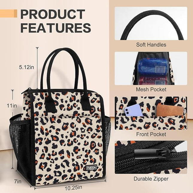 Fmeida Lunch bag, Insulated Lunch Bag for Women Adult Large Lunch Box Container, Reusable Leakproof Cooler Lunch Bags, Fashion Leopard Lunch Tote for Office Work Picnic Beach Travel