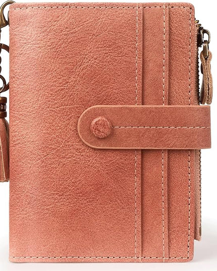 Blucoay Leather Wallet Women,RFID Blocking Small Wallets for Women Bifold Compact Card Holder With Zipper Coin Pocket ID Window Pink