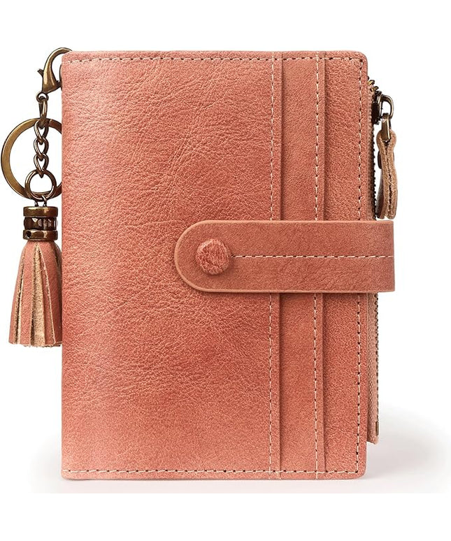 Blucoay Leather Wallet Women,RFID Blocking Small Wallets for Women Bifold Compact Card Holder With Zipper Coin Pocket ID Window Pink