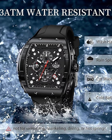 Mens Watches,Unique Rectangular Quartz Analog Watch,Outdoor Sports Multi-Function Watch,Chronograph/Waterproof/Luminous/Calendar,Durable Silicone Strap Mens Casual Watches