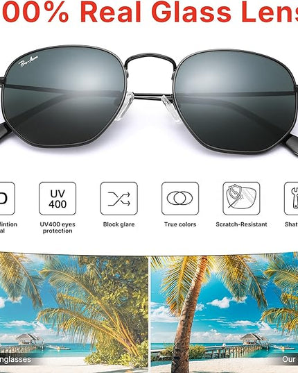 Pro Acme Small Square Sunglasses for Women Men 100% Real Glass Lens Hexagonal Frame