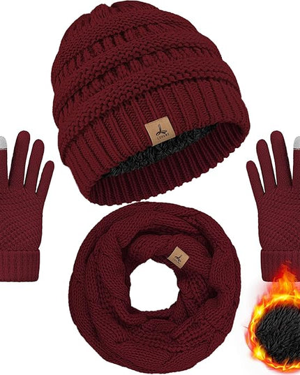 Winter Beanie Hat Scarf Gloves, Warm Fleece Knit Hats Touch Screen Gloves Neck Scarf Set Winter Gifts for Unisex Adult