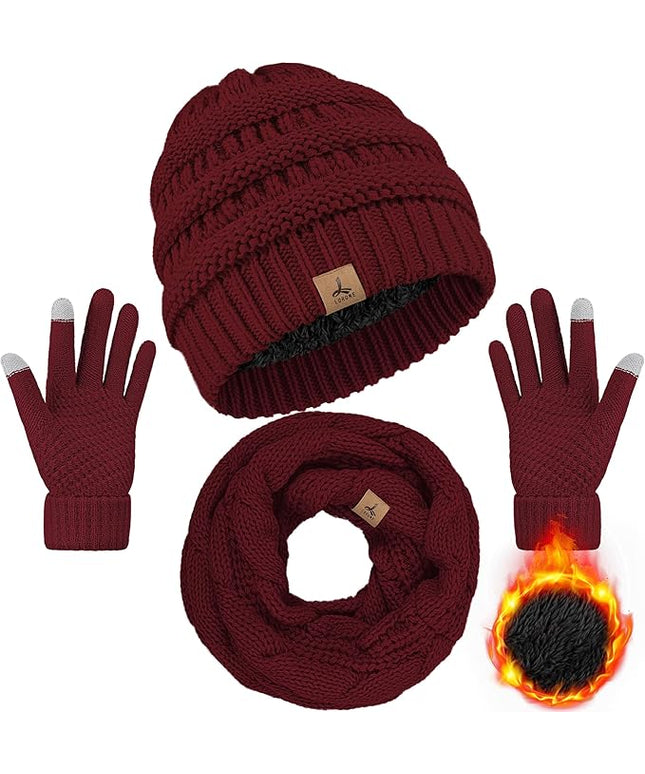 Winter Beanie Hat Scarf Gloves, Warm Fleece Knit Hats Touch Screen Gloves Neck Scarf Set Winter Gifts for Unisex Adult