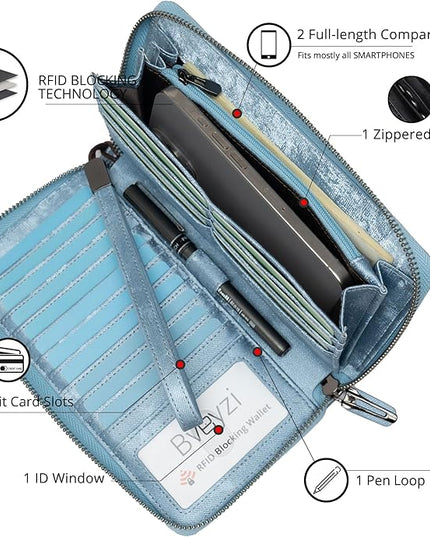 Bveyzi Women RFID Blocking Wallet Leather Zip Around Phone Clutch Large Capacity Ladies Travel Purse Wristlet | RFID Blocking, Zip Around, Large Capacity