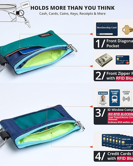 RFID Travel Wallet with Adjustable Lanyard-Zipper Small Wallet with ID Card Holder, Keychain for women&men-Minimalist Slim Waterproof Nylon case for ID, Cash, Key (Turquoise+Navy)