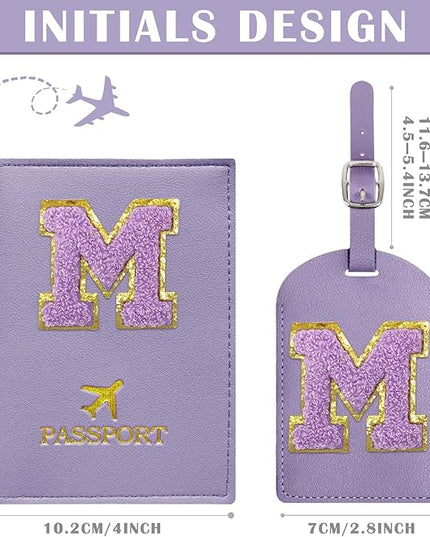 COSHAYSOO Initial Passport Cover Luggage Tag Set Letter Passport Holder Airplane Cruise Travel Essentials Vacation Traveling Accessories Personalized Gifts for Women Teen College Girls Purple M