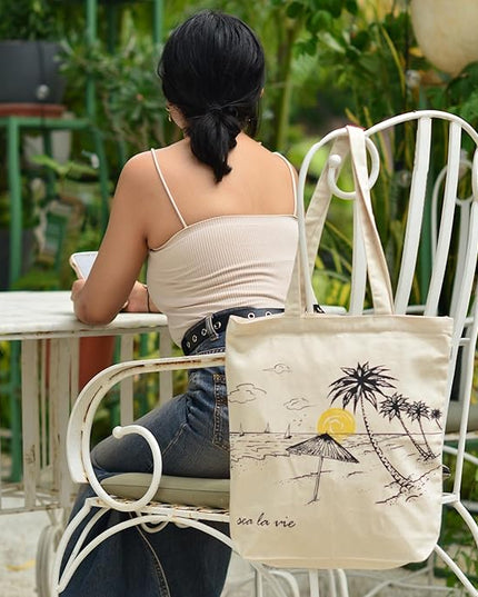 Ecoright Tote Bag for Women with Zipper, Small Tote Bag, Canvas Bag, Reusable Cotton Bag for Beach, Grocery, School & Work
