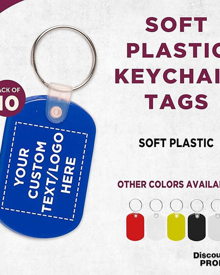DISCOUNT PROMOS Tag Soft Plastic Keychains - 10 pack - Customizable Text, Logo - Small Key Tag Chain For Staying Organized - Rubber Key Ring Keychain – Blue