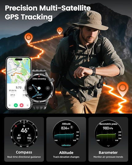 WalkerFit GPS Smart Watch for Men, Multi-Satellite Positioning, Full Metal Body, 520mAh Long Battery Life, 5ATM Waterproof with Bluetooth Call, 1.43” AMOLED Screen, Compatible with Android/iPhone