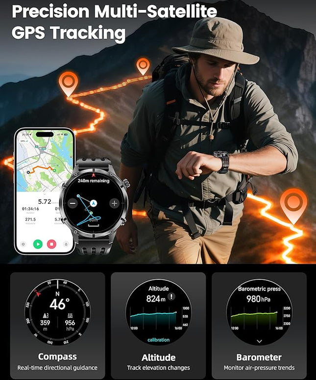 WalkerFit GPS Smart Watch for Men, Multi-Satellite Positioning, Full Metal Body, 520mAh Long Battery Life, 5ATM Waterproof with Bluetooth Call, 1.43” AMOLED Screen, Compatible with Android/iPhone